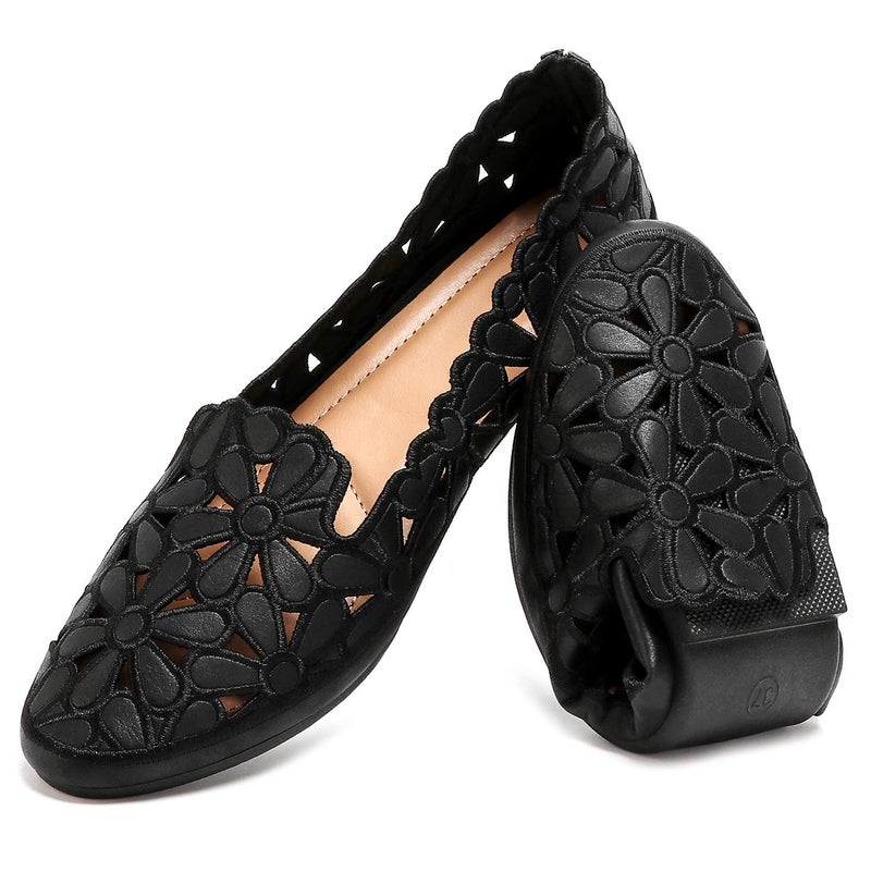 HEAWISH Women's Floral Ballet Flats for Women Black Beige Slip On Flowers PU Leather Round Toe Dress Shoes(Black,US6) - Image 1